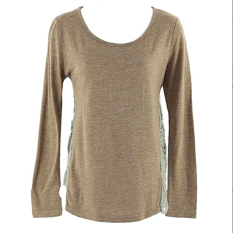 Ya Sz S Cocoa Brown Moss Lace Side Applique Cotton Rayon Knit Boho Top