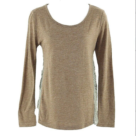Ya Sz S Cocoa Brown Moss Lace Side Applique Cotton Rayon Knit Boho Top