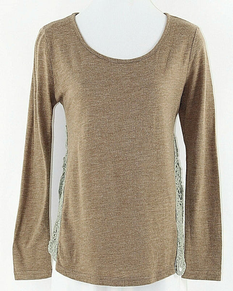 Ya Sz S Cocoa Brown Moss Lace Side Applique Cotton Rayon Knit Boho Top