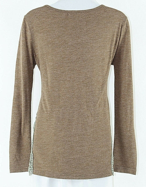 Ya Sz S Cocoa Brown Moss Lace Side Applique Cotton Rayon Knit Boho Top