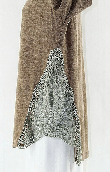 Ya Sz S Cocoa Brown Moss Lace Side Applique Cotton Rayon Knit Boho Top