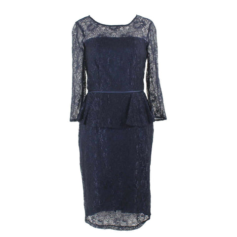 Adrianna Papell Sz 8 Navy Blue Lace Overlay Peplum Nylon Silk Poly Dress