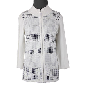 Fontana Sz L White Rhinestones Studded Collared Viscose Nylon Sweater Jacket