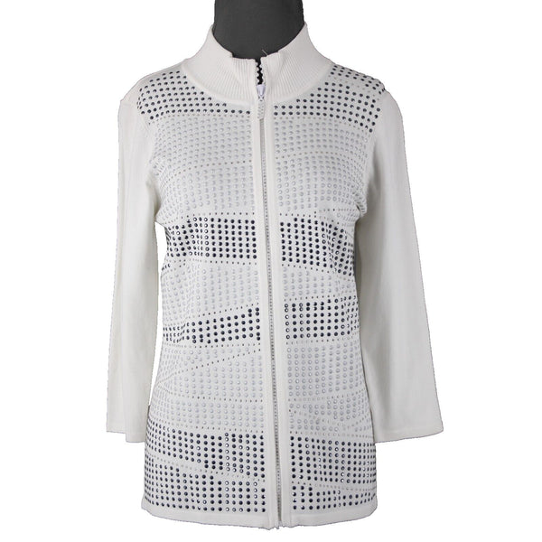 Fontana Sz L White Rhinestones Studded Collared Viscose Nylon Sweater Jacket