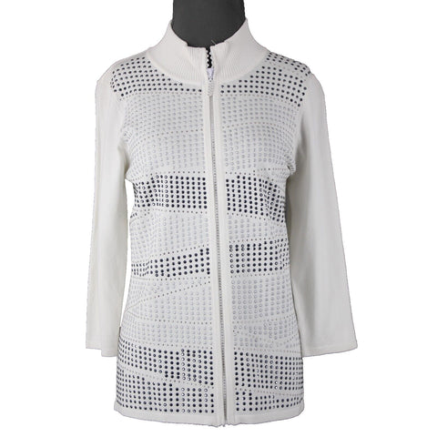 Fontana Sz L White Rhinestones Studded Collared Viscose Nylon Sweater Jacket