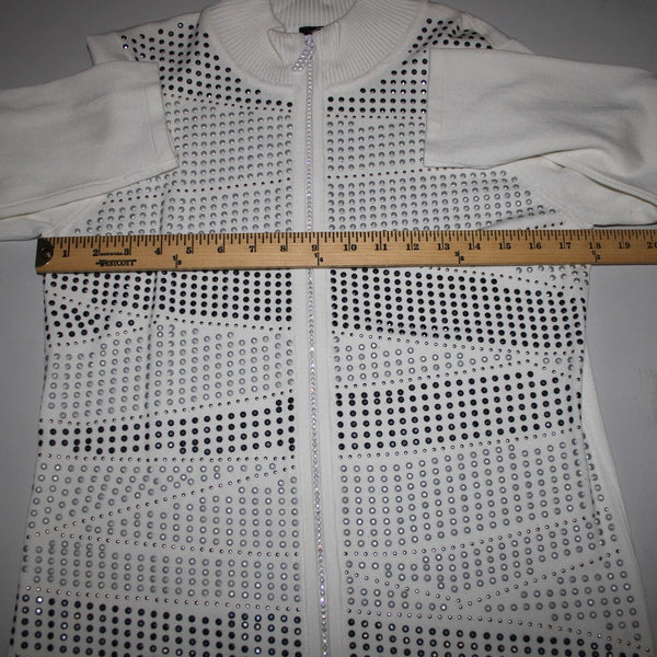 Fontana Sz L White Rhinestones Studded Collared Viscose Nylon Sweater Jacket