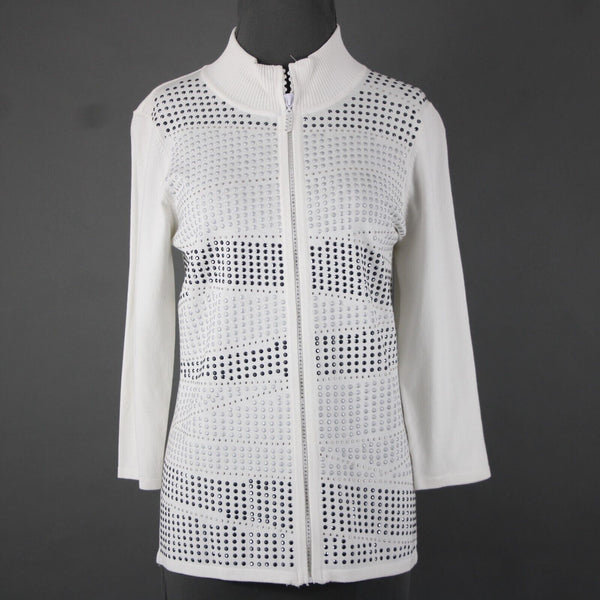Fontana Sz L White Rhinestones Studded Collared Viscose Nylon Sweater Jacket