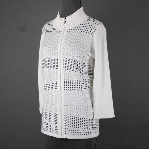 Fontana Sz L White Rhinestones Studded Collared Viscose Nylon Sweater Jacket
