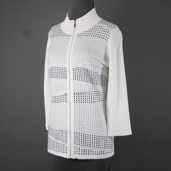 Fontana Sz L White Rhinestones Studded Collared Viscose Nylon Sweater Jacket