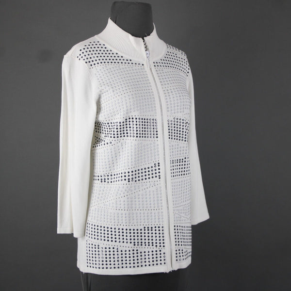 Fontana Sz L White Rhinestones Studded Collared Viscose Nylon Sweater Jacket
