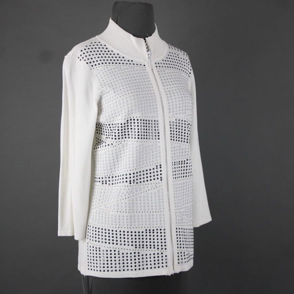 Fontana Sz L White Rhinestones Studded Collared Viscose Nylon Sweater Jacket
