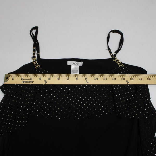 Cache Sz XS Black Gold Studs Sheer Ruffle 100% Polyester Top