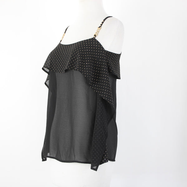 Cache Sz XS Black Gold Studs Sheer Ruffle 100% Polyester Top