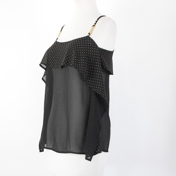 Cache Sz XS Black Gold Studs Sheer Ruffle 100% Polyester Top