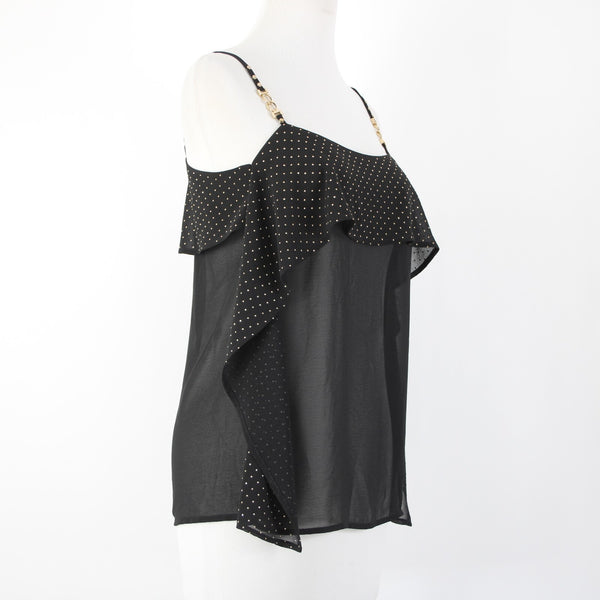 Cache Sz XS Black Gold Studs Sheer Ruffle 100% Polyester Top