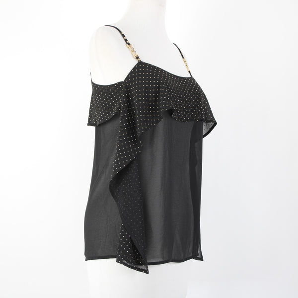 Cache Sz XS Black Gold Studs Sheer Ruffle 100% Polyester Top