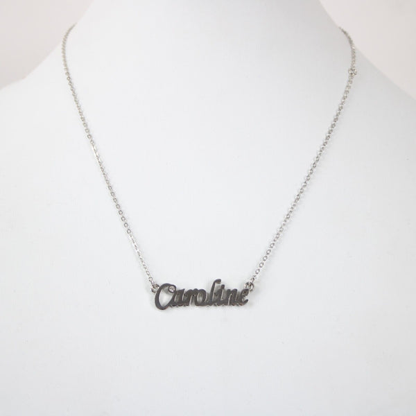CAROLINE Name Silvertone Rhinestone 14.5" w 4.5" Multi Ring Ext Necklace