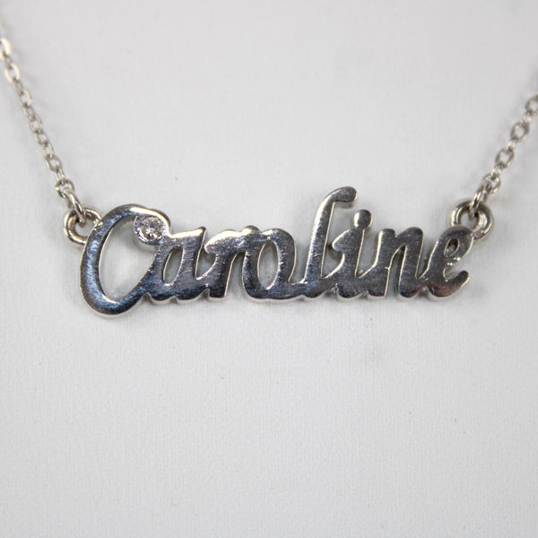CAROLINE Name Silvertone Rhinestone 14.5" w 4.5" Multi Ring Ext Necklace