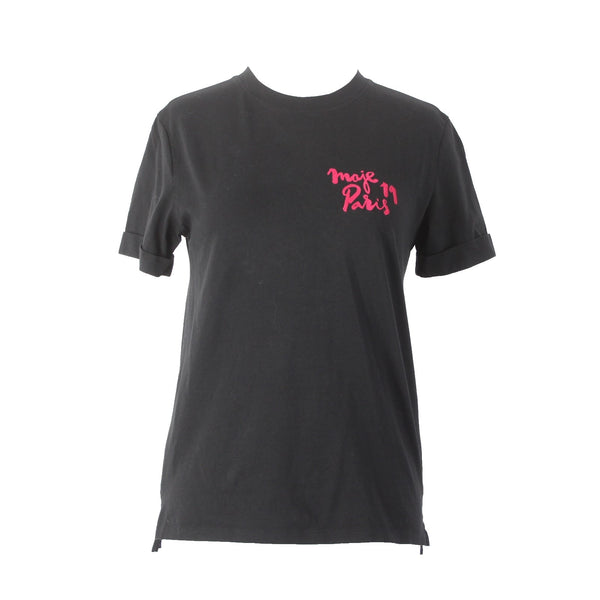Maje Top Sz 1 Black Pink Here Away T Shirt 100% Cotton Top