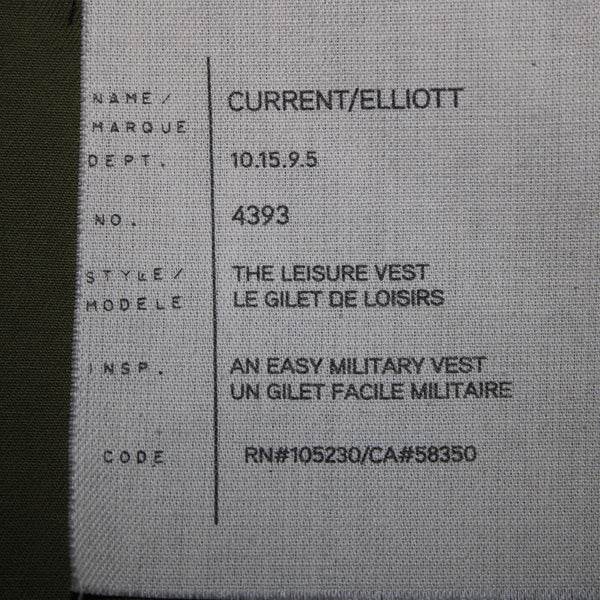 Current Elliott The Leisure Sz 2 Olive Green Pockets Collared 100% Cotton Vest