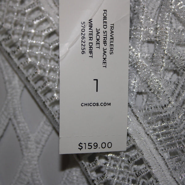 Chicos NEW $159 Travelers Sz 1 White Silver Foil Stripe 100% Polyester Jacket