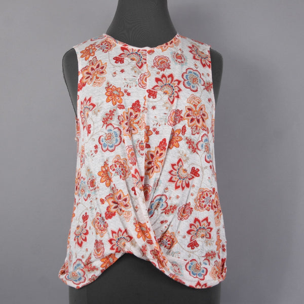 J Jill Top Sz XL White Orange Red Multi Colored Twist Front 100% Linen Top