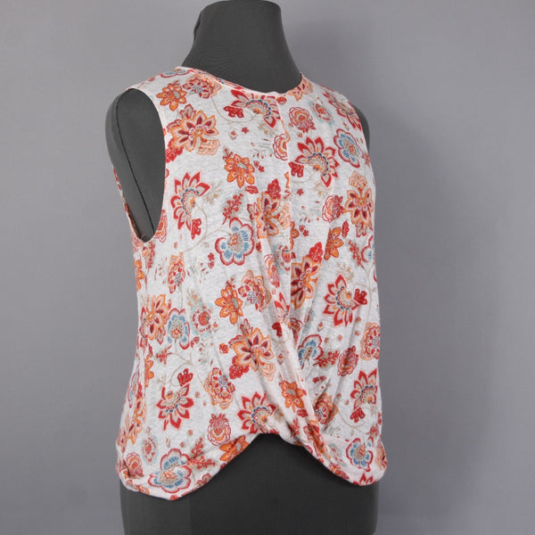 J Jill Top Sz XL White Orange Red Multi Colored Twist Front 100% Linen Top