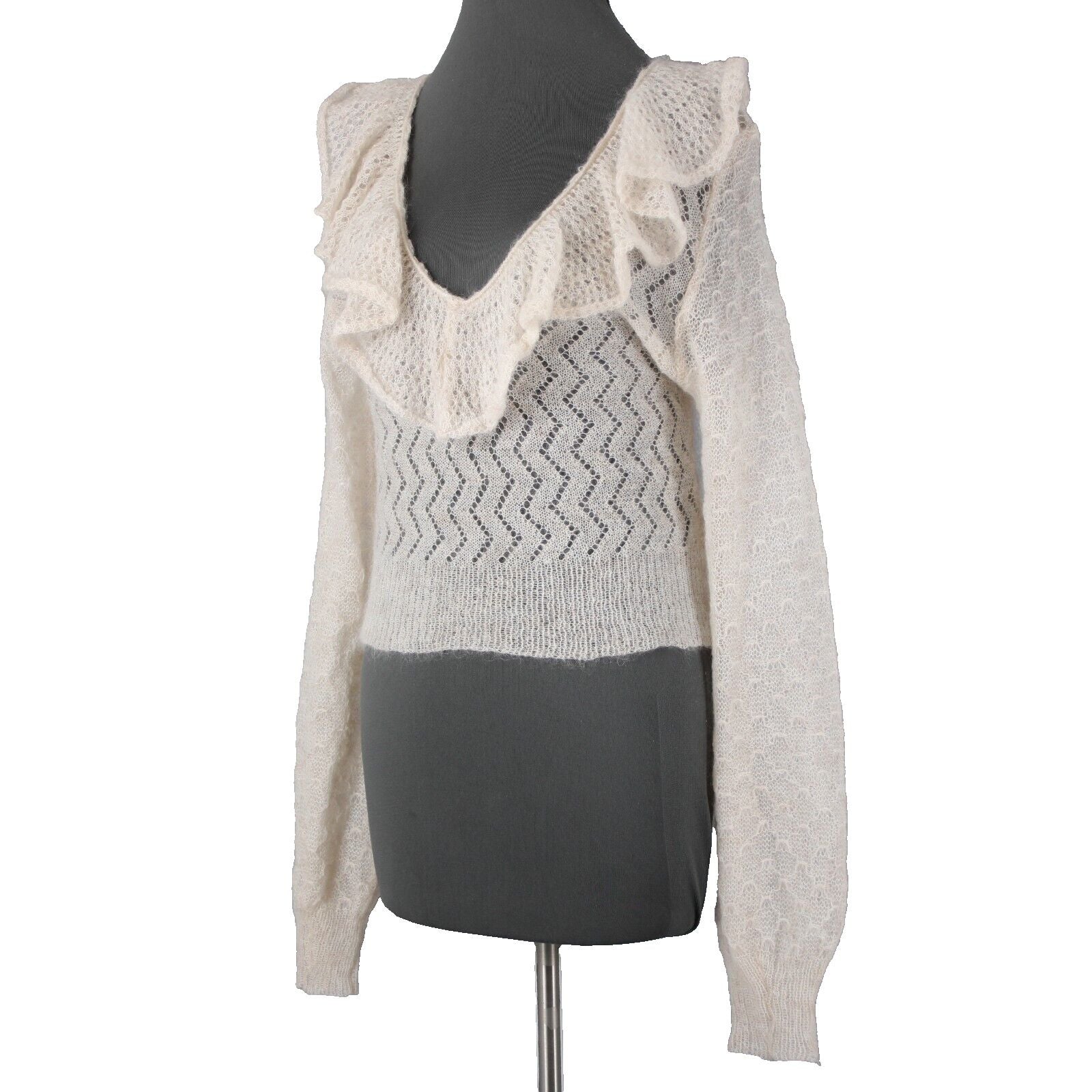 Free People NEW $168 Sz M Ivory Beige Open Knit Ruffle Mohair Nylon Wool Top
