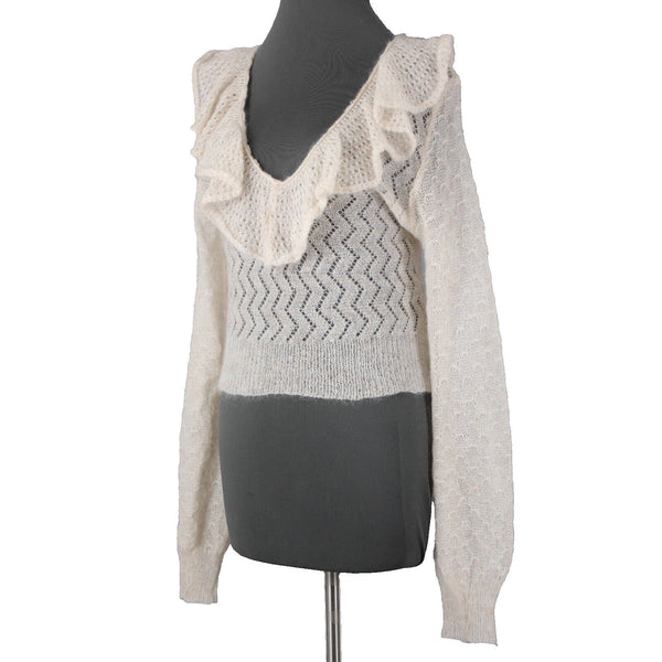 Free People NEW $168 Sz M Ivory Beige Open Knit Ruffle Mohair Nylon Wool Top