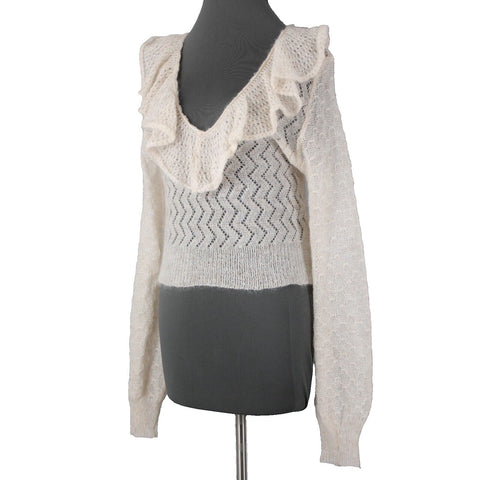 Free People NEW $168 Sz M Ivory Beige Open Knit Ruffle Mohair Nylon Wool Top