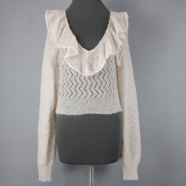 Free People NEW $168 Sz M Ivory Beige Open Knit Ruffle Mohair Nylon Wool Top