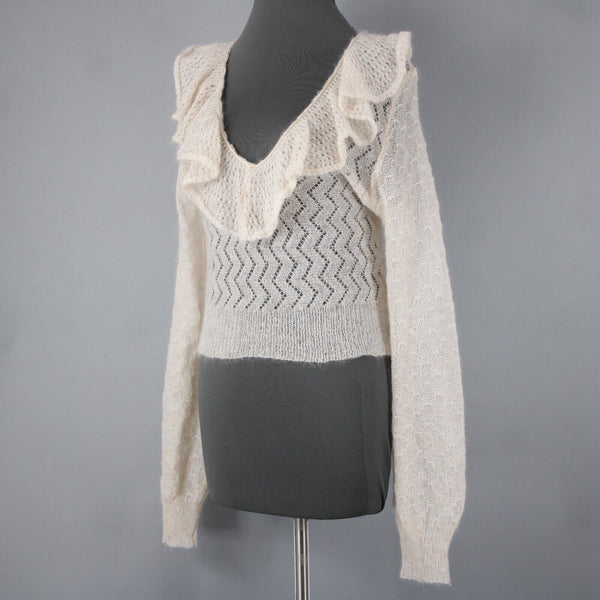 Free People NEW $168 Sz M Ivory Beige Open Knit Ruffle Mohair Nylon Wool Top