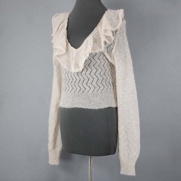 Free People NEW $168 Sz M Ivory Beige Open Knit Ruffle Mohair Nylon Wool Top