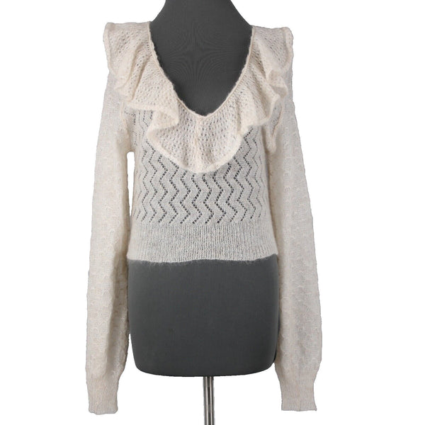 Free People NEW $168 Sz M Ivory Beige Open Knit Ruffle Mohair Nylon Wool Top