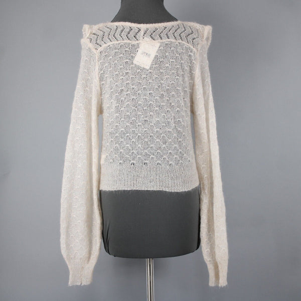 Free People NEW $168 Sz M Ivory Beige Open Knit Ruffle Mohair Nylon Wool Top