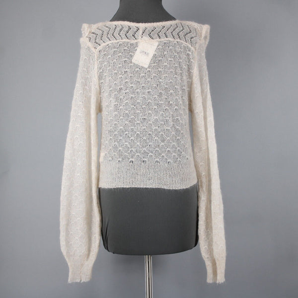 Free People NEW $168 Sz M Ivory Beige Open Knit Ruffle Mohair Nylon Wool Top