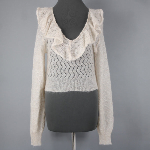 Free People NEW $168 Sz M Ivory Beige Open Knit Ruffle Mohair Nylon Wool Top