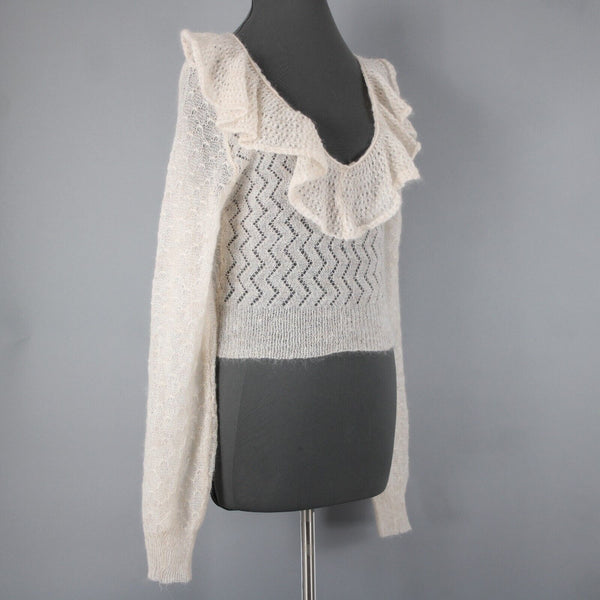 Free People NEW $168 Sz M Ivory Beige Open Knit Ruffle Mohair Nylon Wool Top