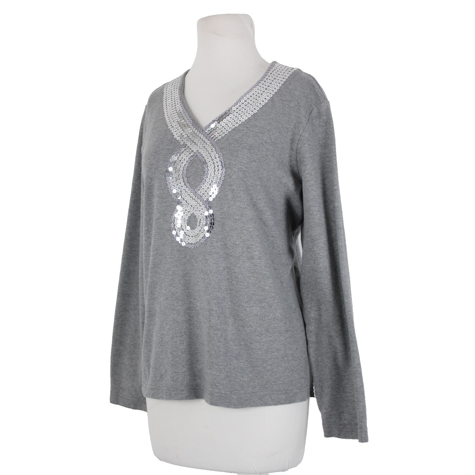 Quacker Factory Sz L Gray Silver Sequin Trimmed V Neck 100% Cotton Top
