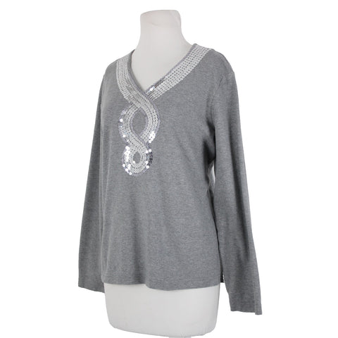Quacker Factory Sz L Gray Silver Sequin Trimmed V Neck 100% Cotton Top