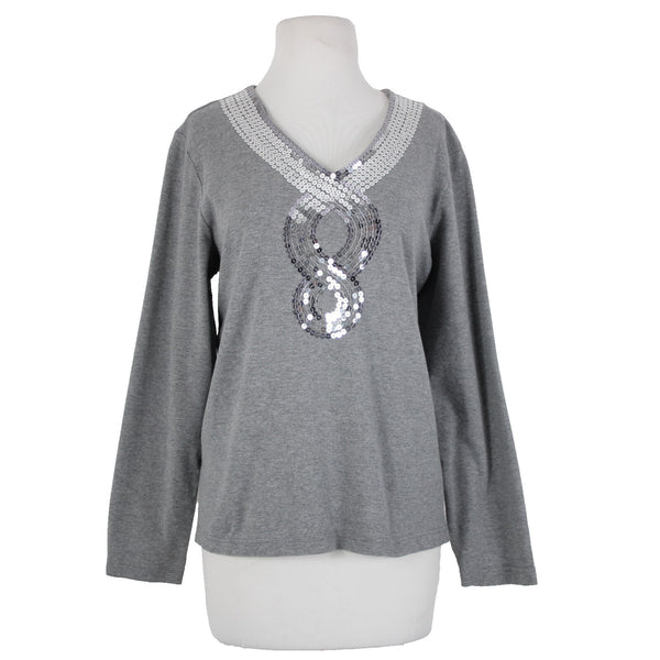 Quacker Factory Sz L Gray Silver Sequin Trimmed V Neck 100% Cotton Top