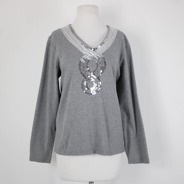 Quacker Factory Sz L Gray Silver Sequin Trimmed V Neck 100% Cotton Top