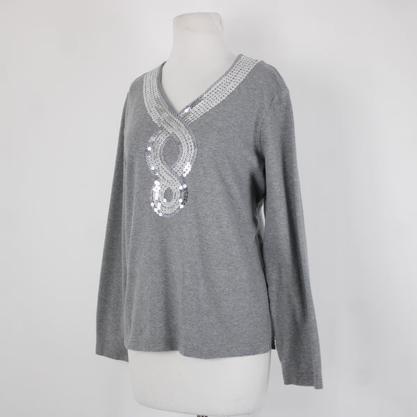 Quacker Factory Sz L Gray Silver Sequin Trimmed V Neck 100% Cotton Top