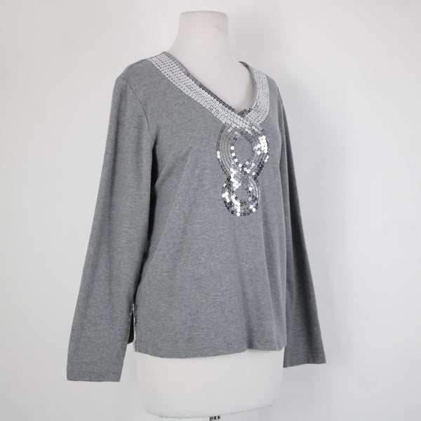 Quacker Factory Sz L Gray Silver Sequin Trimmed V Neck 100% Cotton Top