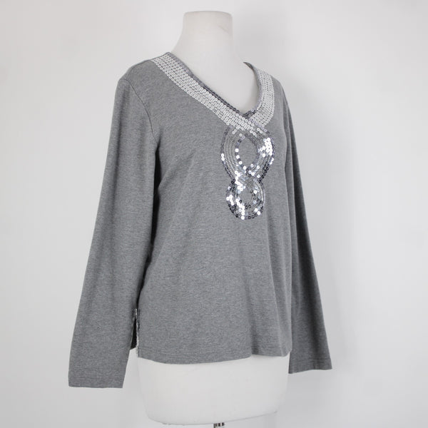 Quacker Factory Sz L Gray Silver Sequin Trimmed V Neck 100% Cotton Top