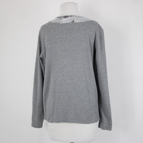 Quacker Factory Sz L Gray Silver Sequin Trimmed V Neck 100% Cotton Top