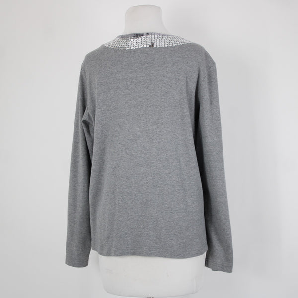 Quacker Factory Sz L Gray Silver Sequin Trimmed V Neck 100% Cotton Top