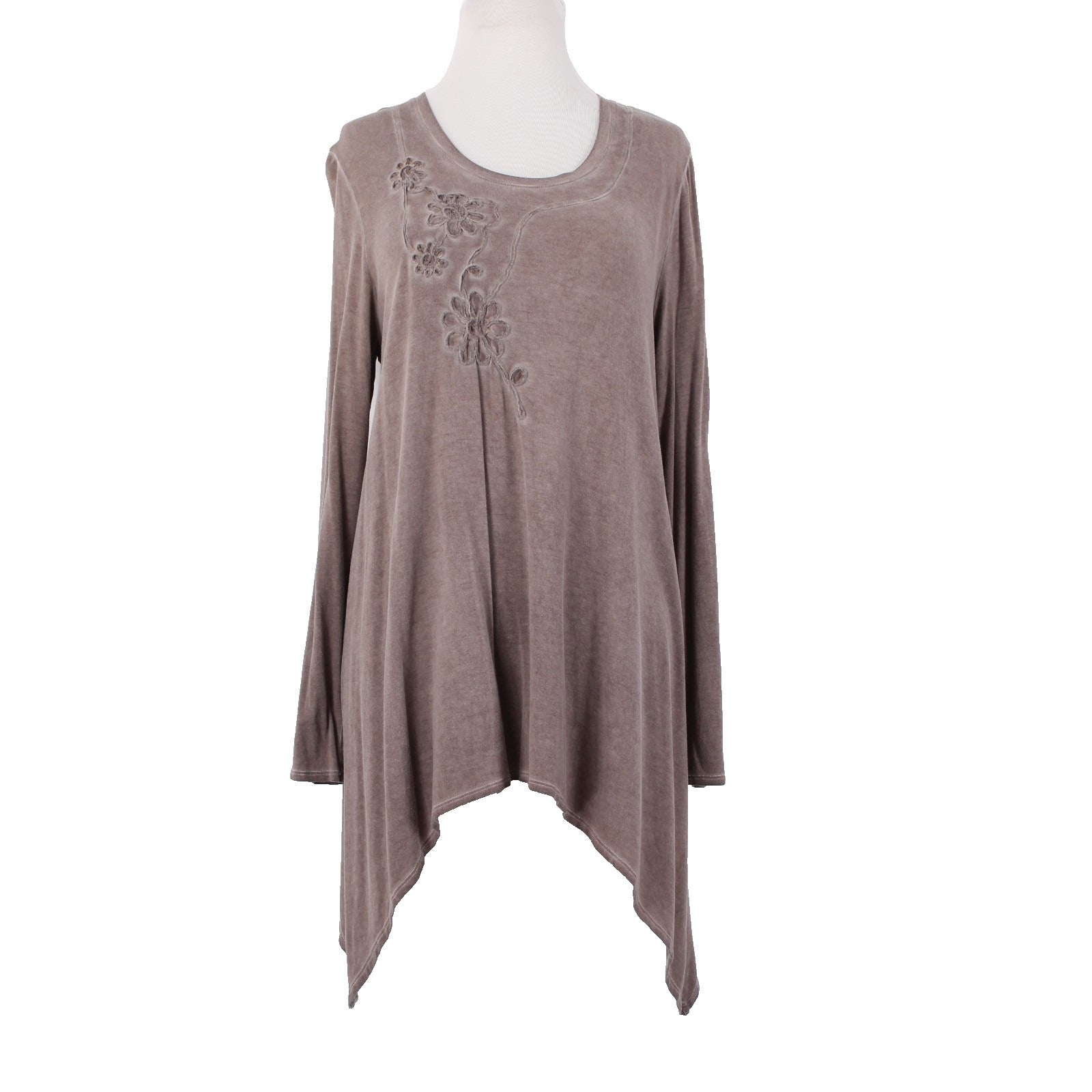 Charlie Paige Top Sz S/M Brown Floral Asymmetrical Tunic Rayon Spandex Top