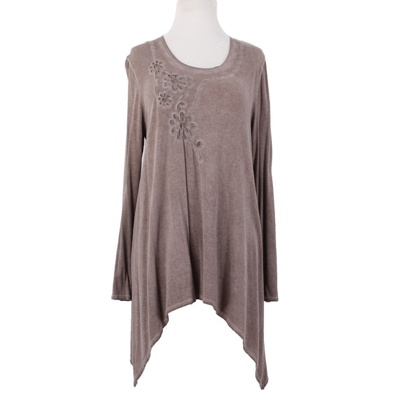 Charlie Paige Top Sz S/M Brown Floral Asymmetrical Tunic Rayon Spandex Top