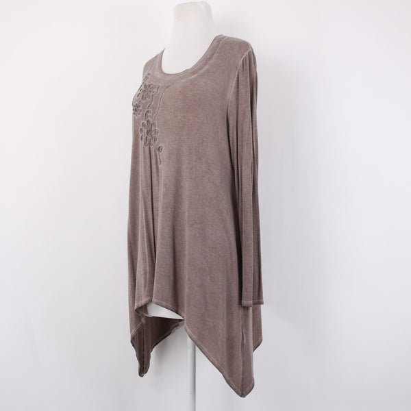 Charlie Paige Top Sz S/M Brown Floral Asymmetrical Tunic Rayon Spandex Top